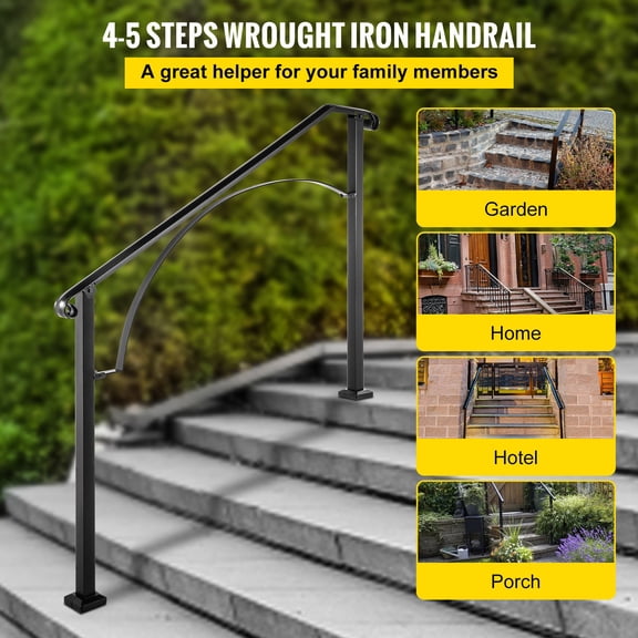 CRAFTOPIA Arch#4 Flexible Wrought Iron Outdoor Porch Handrail, Fits 45 Steps Transitional Stair Railing for Concrete & Wooden Stairs, Black