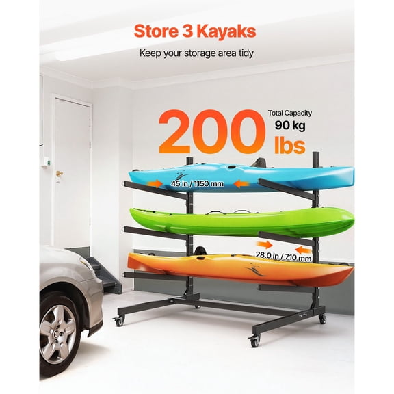 CRAFTOPIA Freestanding Kayak Storage Rack Holds 3 Kayaks, Max Load 200 Lbs, Adjustable Stand with Lockable Wheels for Garage Dock Canoe SUP Surfboard Storage