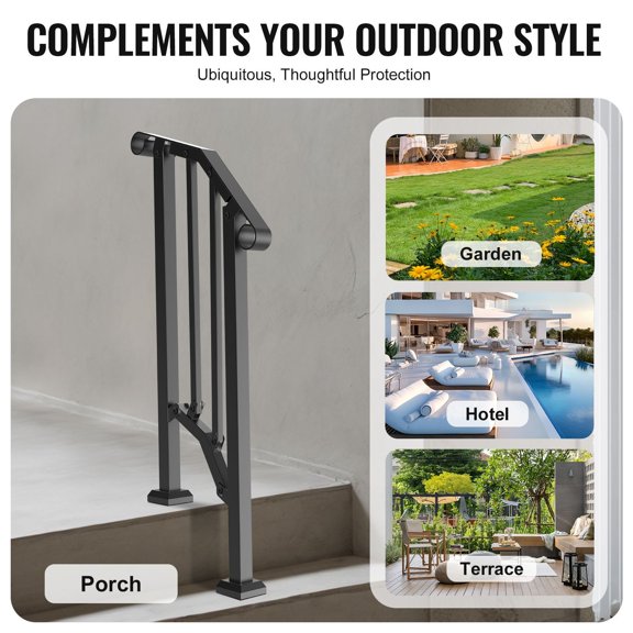CRAFTOPIA Retro Arch Carbon Steel Outdoor Step Handrail Kit for 12 Steps, Senior Safety Stair Railing for Concrete Steps, Porch & Deck, Black with Installation Kit