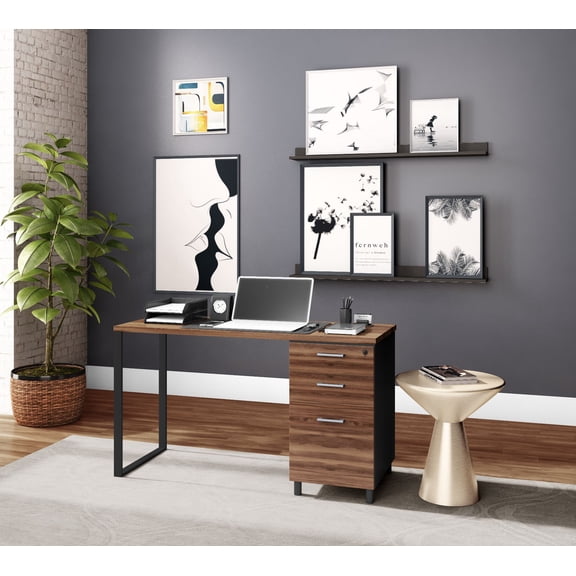 CRAFTS & COMFORT Milano 47 Inch Home & Office Computer Desk with 3 Detachable Locked Drawers - Cass Walnut / Black
