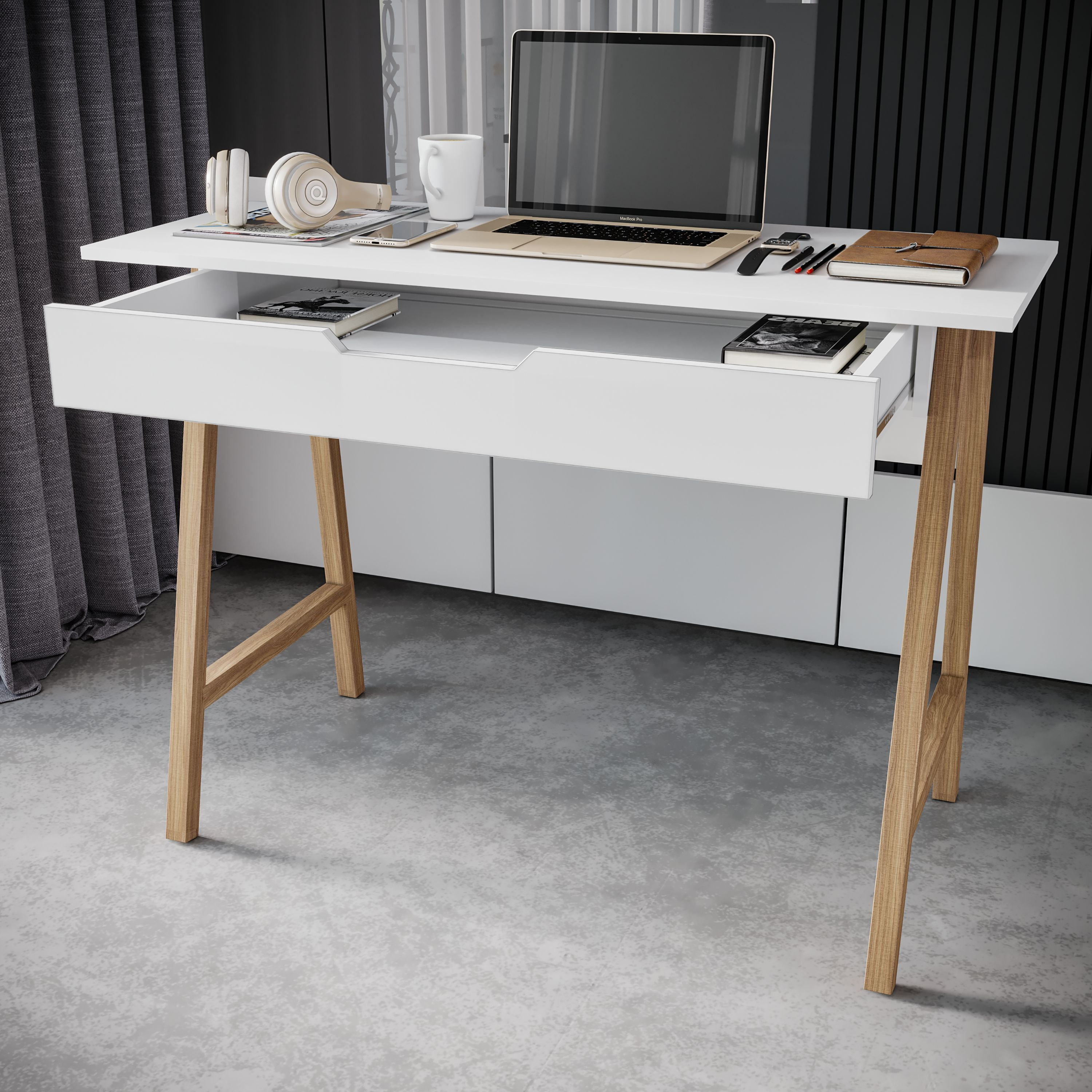 White Rectangular Modern Wood Writing Desk with Drawer