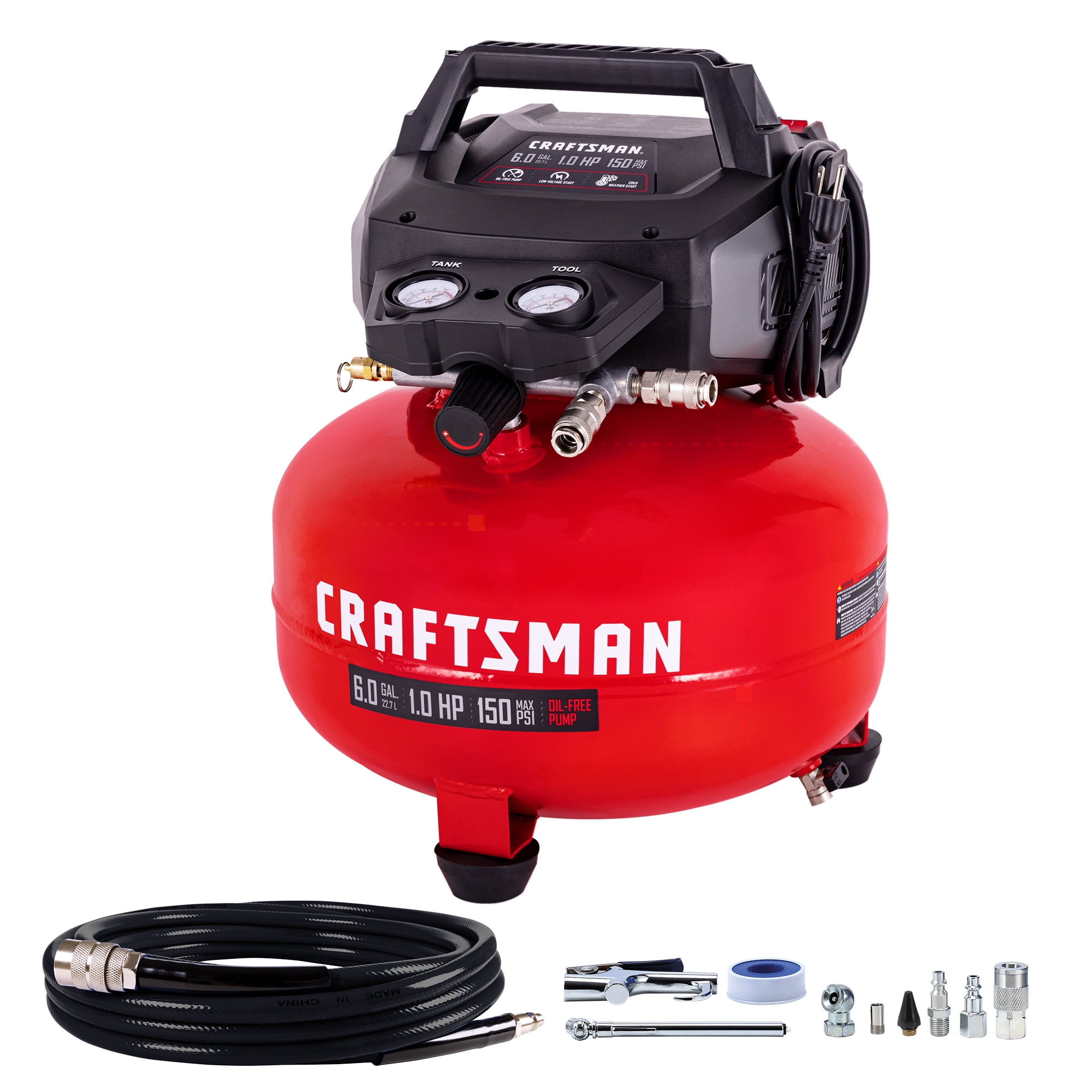 CRAFTSMAN 6 Gallon Pancake Air Compressor, Portable Oil-Free, 150 PSI, 2.6 SCFM @ 90 PSI, with 10-Piece Accessory Kit, Model CMXECXA0210641B