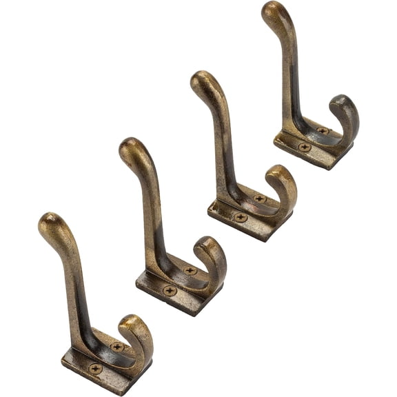 CRAFTSMAN ROAD Vintage Cast Iron Wall Hooks (Antique Brass Finish, Set of 4) - Rustic, Farmhouse Coat Hooks | Great for Coats, Bags, Towels, Hats | Classic Stout