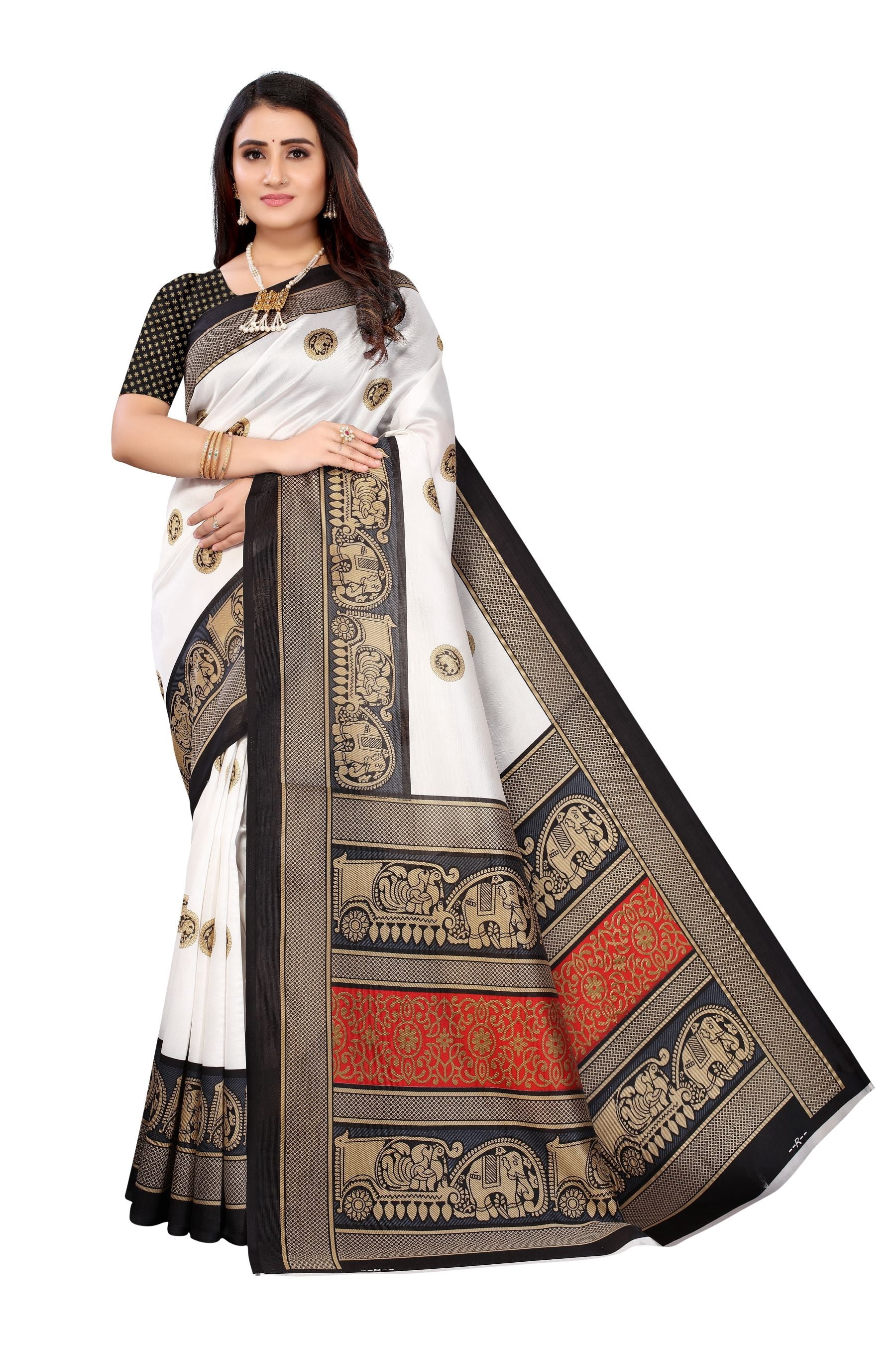 Off White Printed Silk Blend Saree With Unstitched Blouse Piece