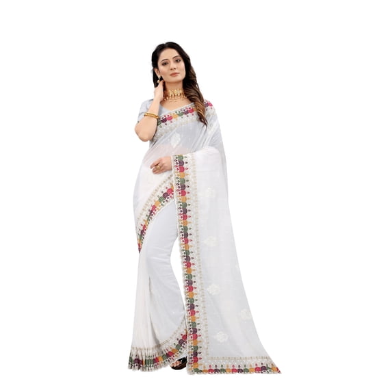 CRAFTSTRIBE Gorgette Saree Embroidered Sequence Work Sari Unstitched Blouse