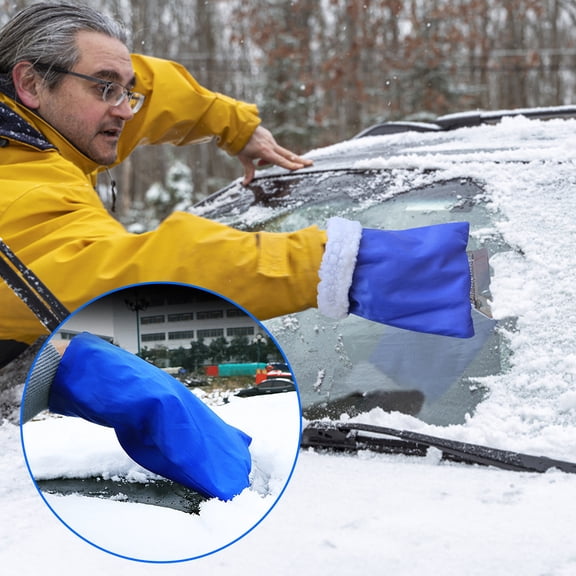 CRAGRSI 5.1 Inch Warm Gloves Ice Scraper, Winter Warm Mitt with Scraper Brush, Plush Cloth Windshield Ice Removal for Vehicle, Blue