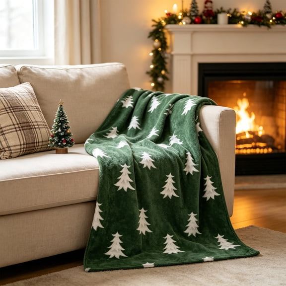 CRAGRSI Christmas Throw Blanket, Holiday Fleece Blanket, Green White Tree Print, Warm Couch Bed Cover,59.06x39.37in