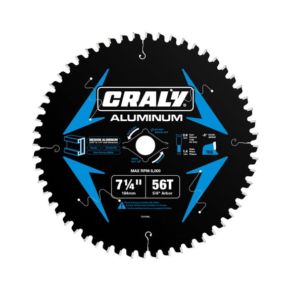 CRALY 7-1/4 Inch 56 Teeth Circular Saw Blade, 5/8 Inch Arbor, for Aluminum and Non-Ferrous Metal Cutting, with Carbide Tipped and Thin Kerf