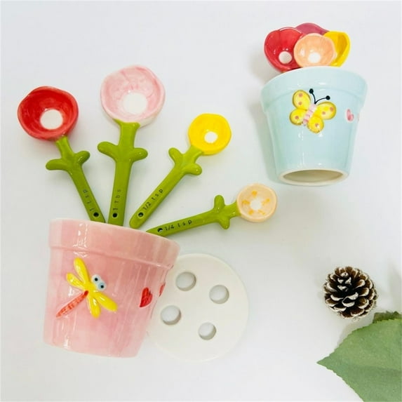 SINIMOKO Baking Tool-Handmades Flowers Ceramic Measuring Spoons with Holder Boxed Gift Set