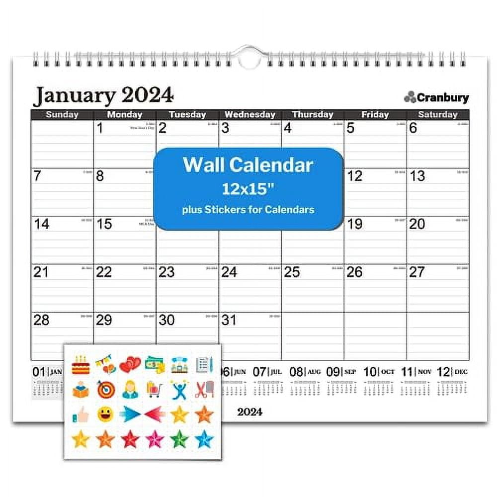 CRANBURY Large Wall Calendar 2024 (Black), 12x15", Office Calendar, Use