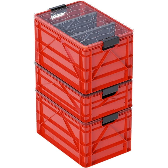 CRATE Pro Pack - Two Full Size and One Half Size SidioCrate, Stackable Outdoor Organizer Storage Bins with Clear Lid and Dividers