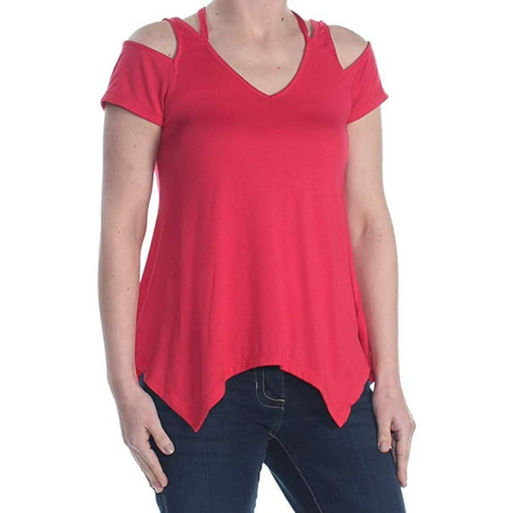 CRAVE FAME $24 Womens New 1177 Red Heather Handkerchief Cold Shoulder Top XS B+B
