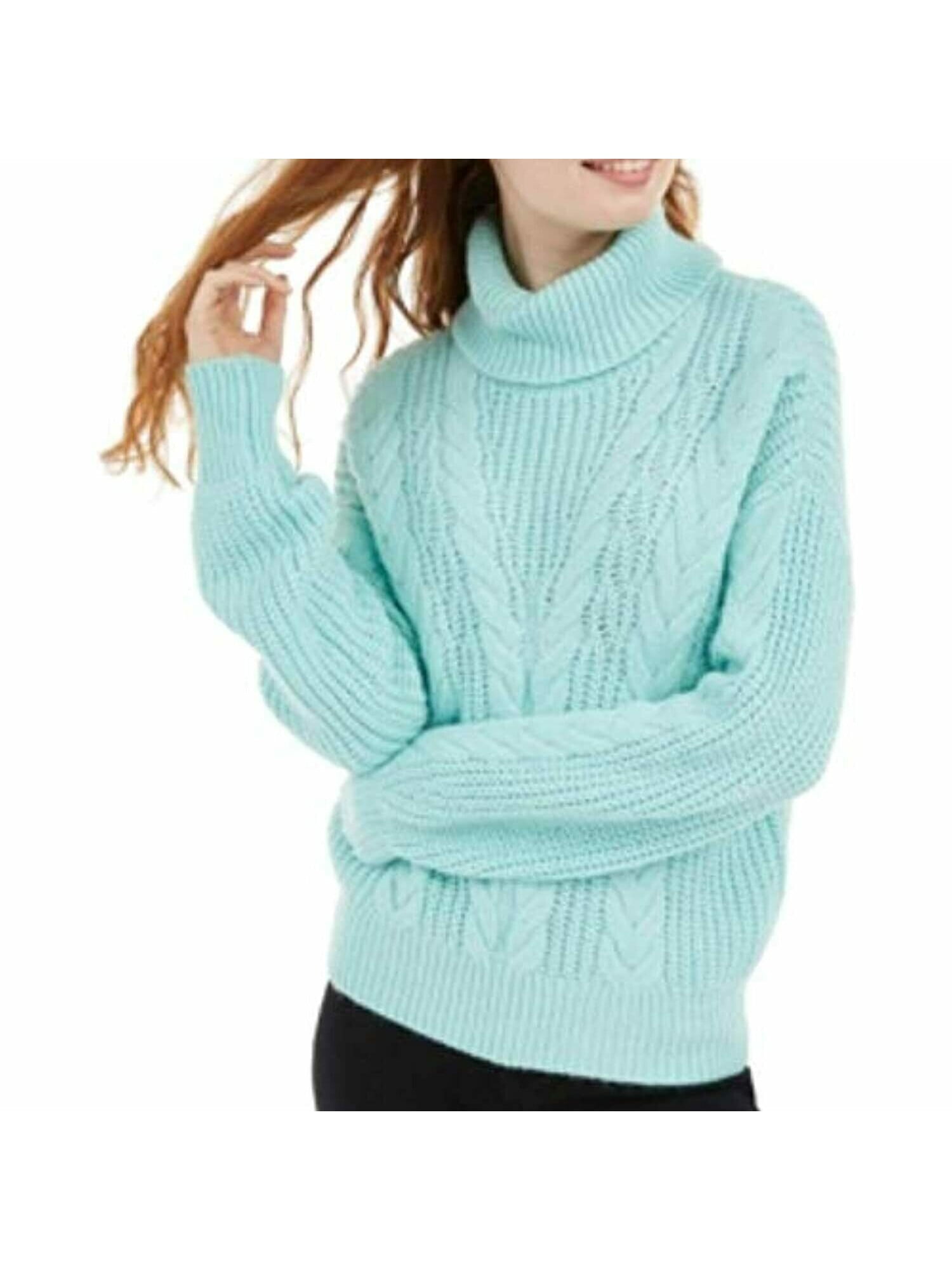 CRAVE FAME Womens Aqua Cable Knit, Relaxed Fit Long Sleeve