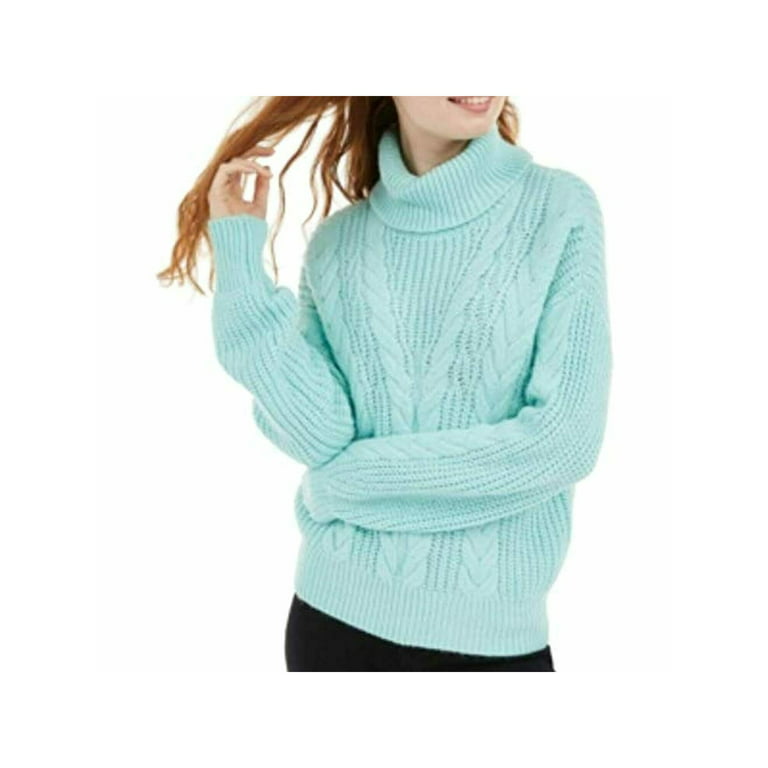 CRAVE FAME Womens Aqua Cable Knit, Relaxed Fit Long Sleeve Turtle