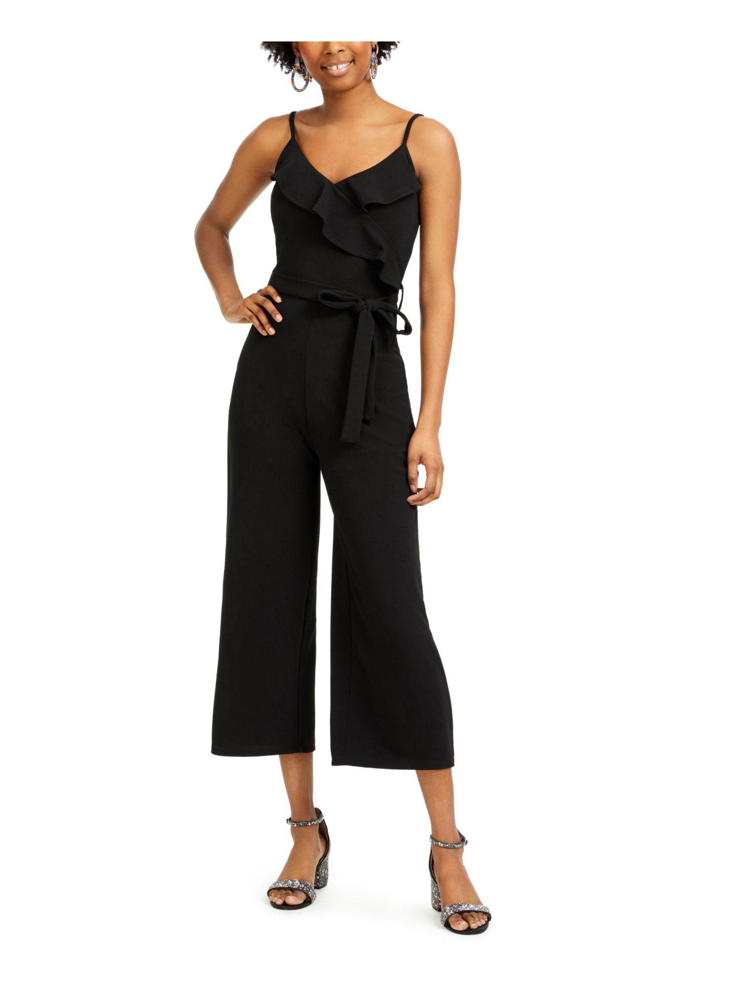 CRAVE FAME Womens Black Ruffled Tie Cropped Spaghetti Strap V Neck Cocktail  Wide Leg Jumpsuit Juniors M 