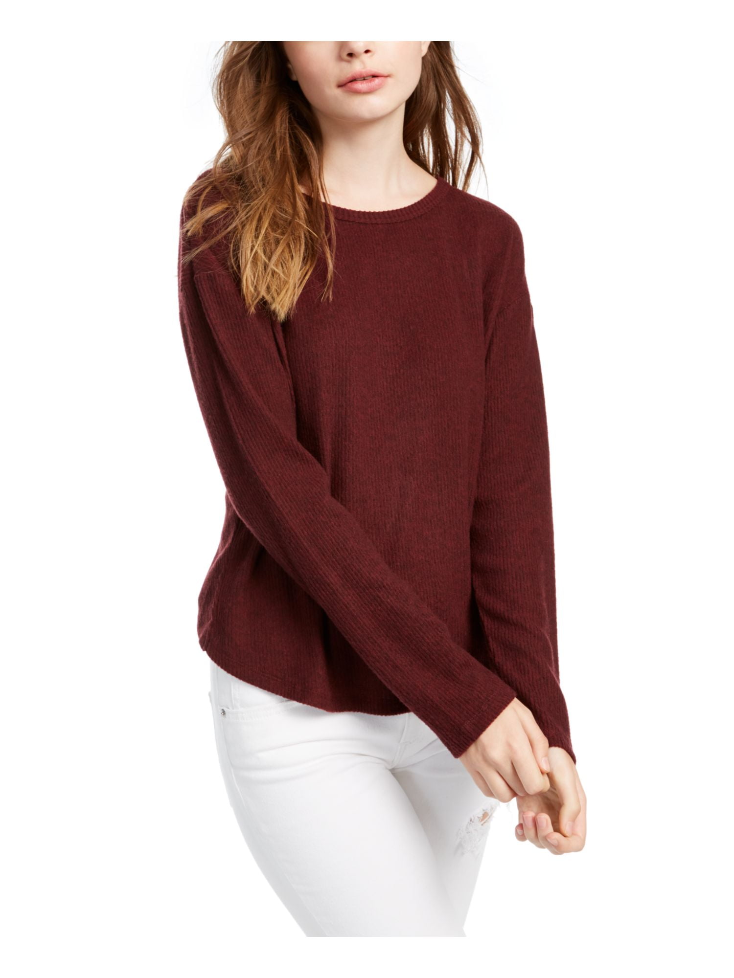 CRAVE FAME Womens Burgundy Stretch Cut Out Twist Back Long Sleeve Crew Neck Sweater Juniors XL Walmart