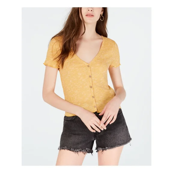 CRAVE FAME Womens Mustard Short Sleeve V Neck Crop Top Size: XS