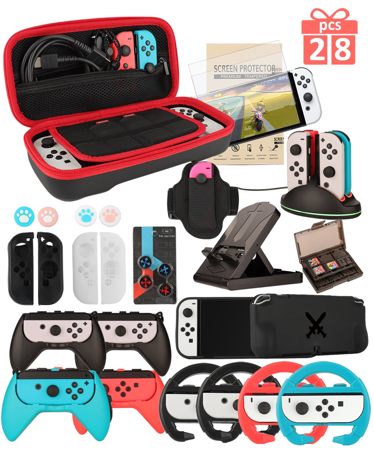 CRAVERLAND Accessories for Nintendo Switch OLED, Family Bundle Carry Case& Screen Protector,4 Pack Joy Con Grips and Steering Wheels, Case Cover,Joy Con Charger and More for Switch OLED Console
