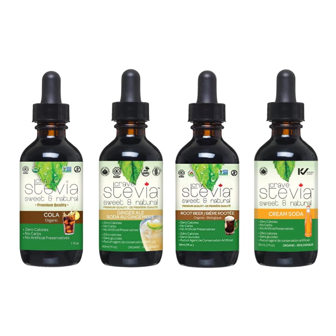 CRAVESTEVIA Stevia Liquid Drops Soda Pop 4 Pack Variety Bundle Cola, Ginger Ale, Root Beer