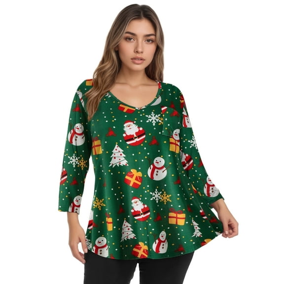 CRAYNER 3/4 Sleeve T-Shirts for Womens Casual V-Neck Christmas Tunic Tops Loose Fit Basic Tees Blouses Lightweight Pullover with Pocket