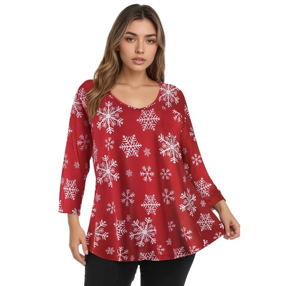CRAYNER 3/4 Sleeve T-Shirts for Womens Casual V-Neck Christmas Tunic Tops Loose Fit Basic Tees Blouses Lightweight Pullover with Pocket