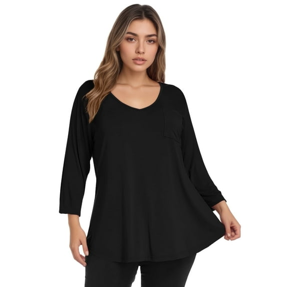 CRAYNER 3/4 Sleeve T-Shirts for Womens Casual V-Neck Tunic Tops Loose Fit Basic Tees Blouses Lightweight Pullover with Pocket