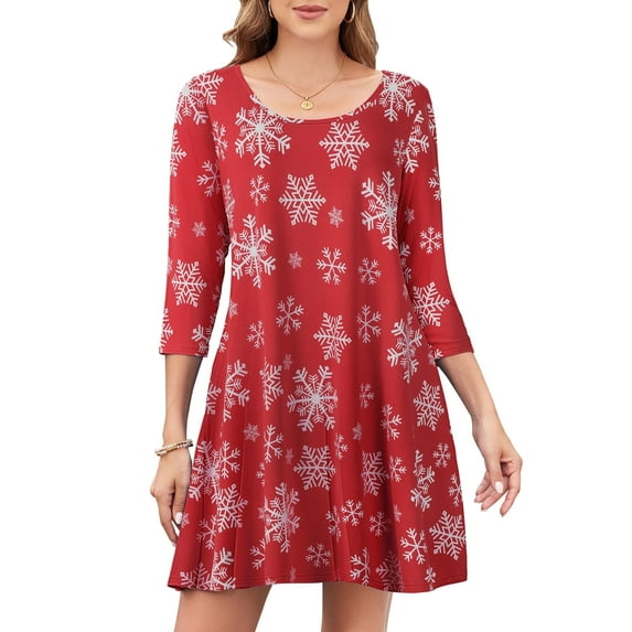 CRAYNER CHRISTMAS Dresses for Women 3/4 Sleeve Dress with Pockets Casual Tshirt Dress Loose Fits Crew Neck Flowy Swing Dress, S