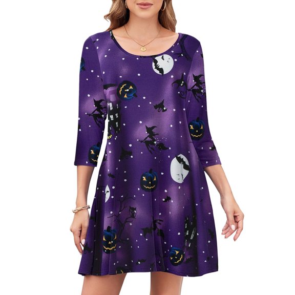 CRAYNER Casual 3/4 Sleeve Dresses for Women, Casual Tshirt Dress Loose Fits Crew Neck Flowy Swing Fall Dress with Pockets , L