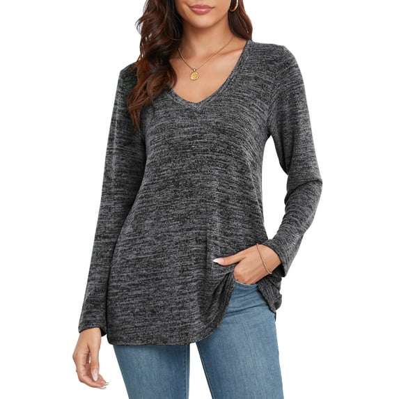 CRAYNER Casual Women's Blouses Loose Fit V-Neck Tops with Pocket Long Sleeve Fall Winter Tunic T Shirt , 2XL