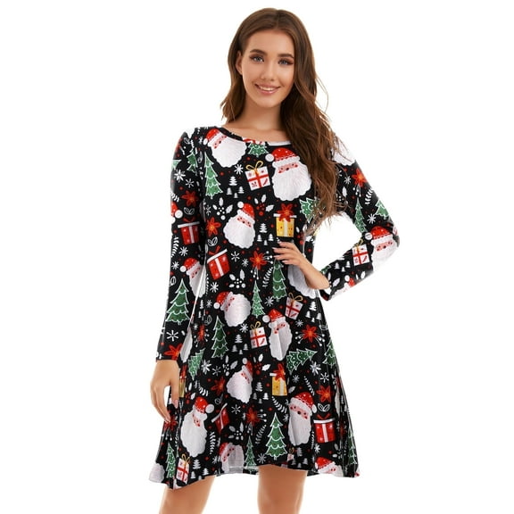 CRAYNER Casual Womens Christmas Dresses, Long Sleeve Loose Fits T Shirt Dress Crew Neck A-line Flowy Swing Dress with Pockets, L