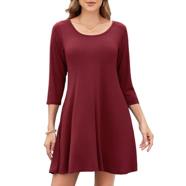 CRAYNER Casual Womens Fall Dresses, 3/4 Sleeve Loose Fits T Shirt Dress Crew Neck A-line Flowy Swing Dress with Pockets, XL