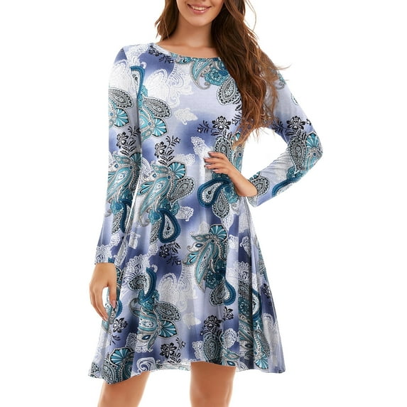 CRAYNER Casual Womens Fall Dresses, Long Sleeve Loose Fits T Shirt Dress Crew Neck A-line Flowy Swing Dress with Pockets, L