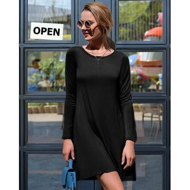 CRAYNER Casual Womens Fall Dresses, Long Sleeve Loose Fits T Shirt Dress Crew Neck A-line Flowy Swing Dress with Pockets, L