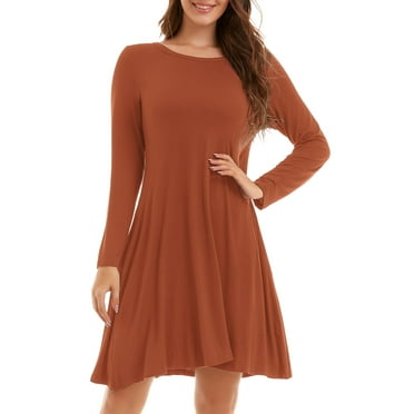 CRAYNER Casual Womens Fall Dresses, Long Sleeve Loose Fits T Shirt Dress Crew Neck A-line Flowy Swing Dress with Pockets, L