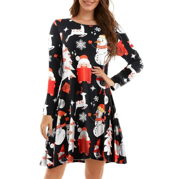 CRAYNER Christmas Dresses for Women Long Sleeve Dress with Pockets Casual Tshirt Dress Loose Fits Crew Neck Flowy Swing Dress, 2XL