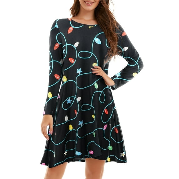 CRAYNER Christmas Dresses for Women Long Sleeve Dress with Pockets Casual Tshirt Dress Loose Fits Crew Neck Flowy Swing Dress, 2XL