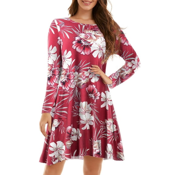 CRAYNER Fall Dresses for Women Long Sleeve Dress with Pockets Casual Tshirt Dress Loose Fits Crew Neck Flowy Swing Dress, S