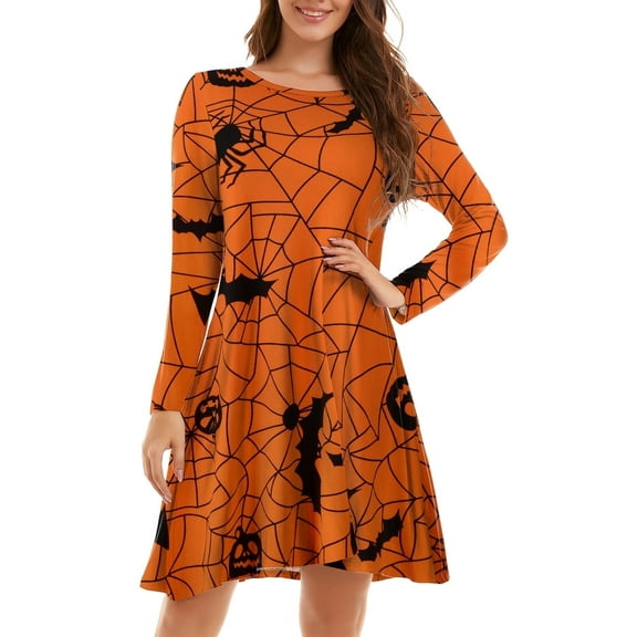 CRAYNER Halloween Dresses for Women Long Sleeve Dress with Pockets Casual Tshirt Dress Loose Fits Crew Neck Flowy Swing Dress, 2XL