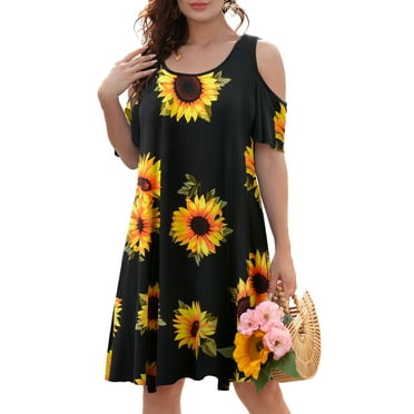 CRAYNER Women Summer Short Sleeve Dresses Casual Swing Cold Shoulder T Shirt Dresses Sundress with Pockets