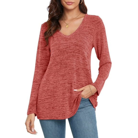 CRAYNER Women's Casual Tunic Tops Loose Fit V-Neck Blouses with Pocket Long Sleeve Fall Winter T Shirt ,XL