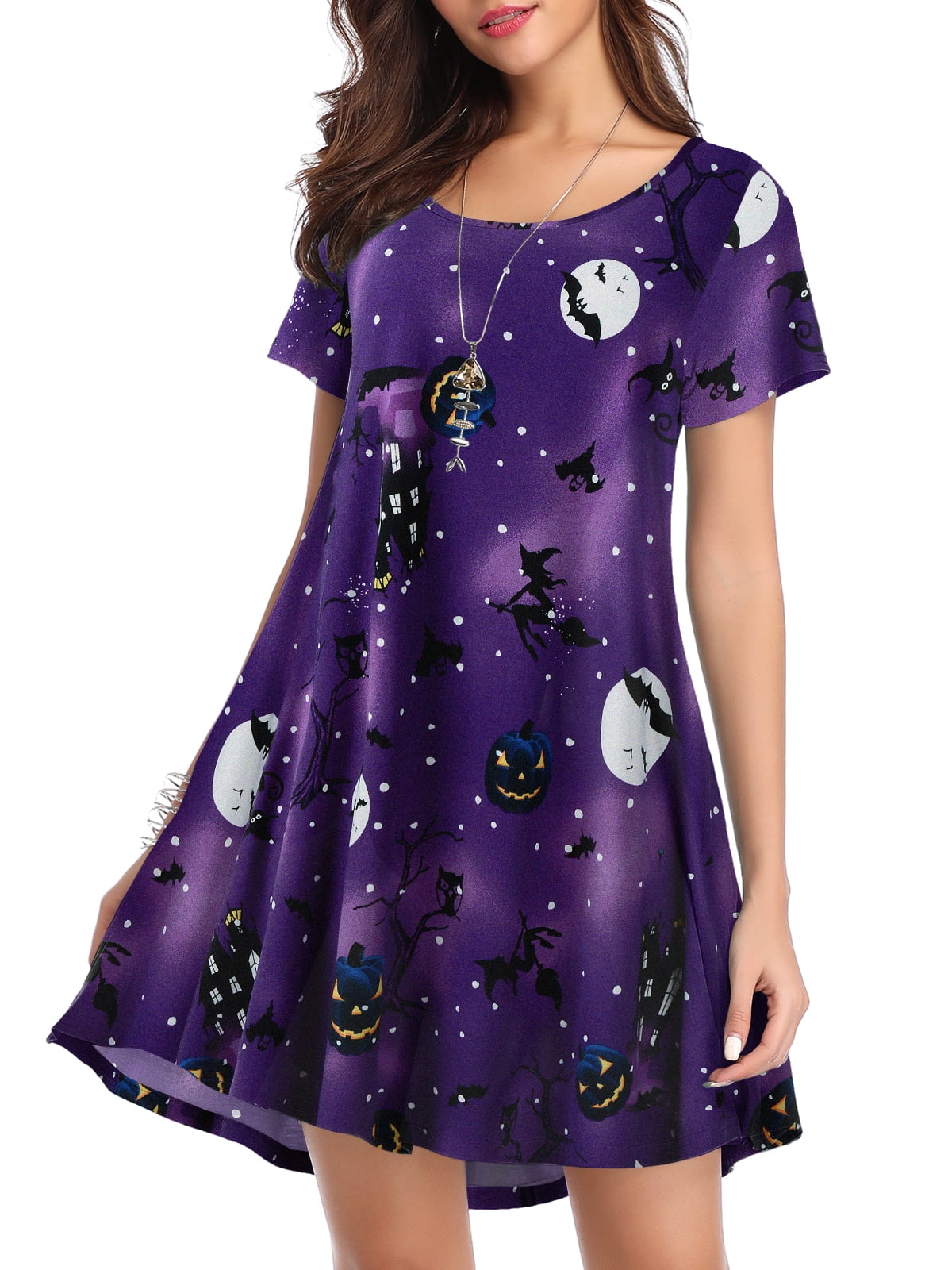 CakCton Women's Casual T-Shirt Dress - Black Sun Flower Print, Knee-Length Swing Dress With Pockets, Large
