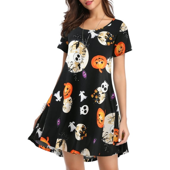 CRAYNER Womens Casual T Shirt Dresses Short Sleeve Sundress Loose Swing Sun dress with Pockets Knee Length Halloween Skirt, 2XL