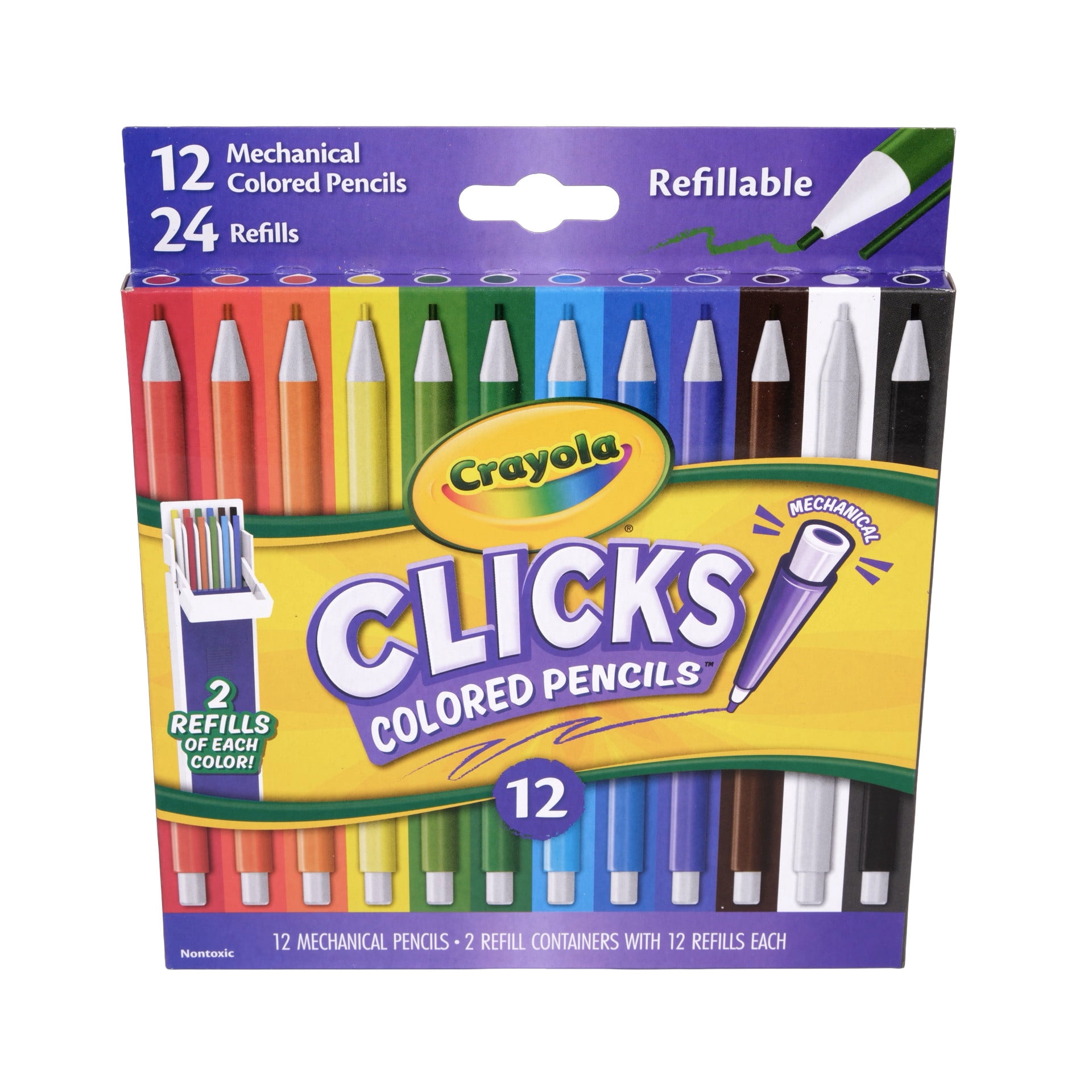Crayola Clicks 2.0mm Mechanical Colored Pencil Set, 12ct with Replacement Cores, Back to School Supplies, Coloring Pencils, Gift for Teachers and Kids, Ages 6+
