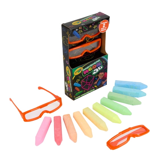 Crayola 3D Neon Sidewalk Chalk (10ct), 3D Glasses Included, Washable Outdoor Glow Chalk, Anti Roll, Activity for Kids, Outdoor Toys & Games, Back to School Gift, Ages 4+