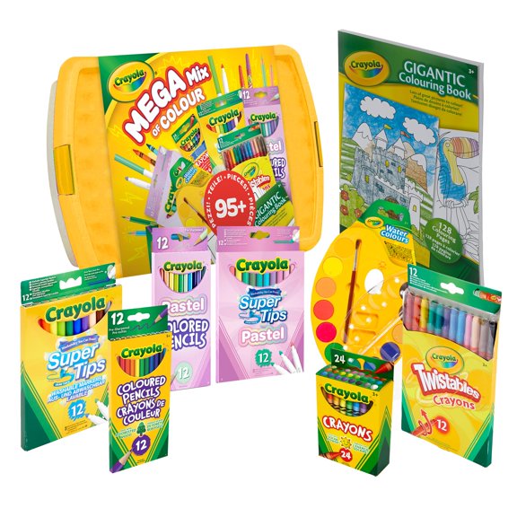 CRAYOLA Mega Mix of Colour Tub: Contains 90+ Items Including Crayons, Markers, Pencils,Felt Tip Pens, Paints and a Colouring Book, Ideal for Kids Aged 3+