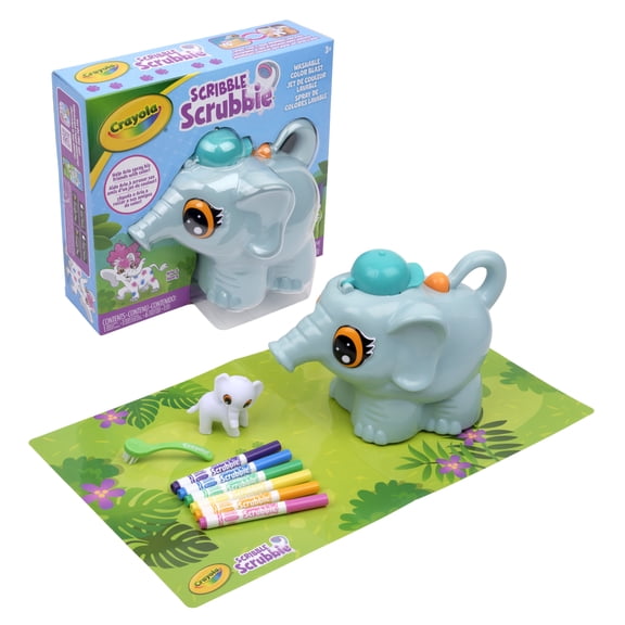Crayola Scribble Scrubbie Pets Color Blast, Jumbo Elephant Toy, Spray Art Kit, With 6 Washable Markers, 1 Elephant Pet Toy & Slip Sheet, Gift for Girls & Boys, 3+