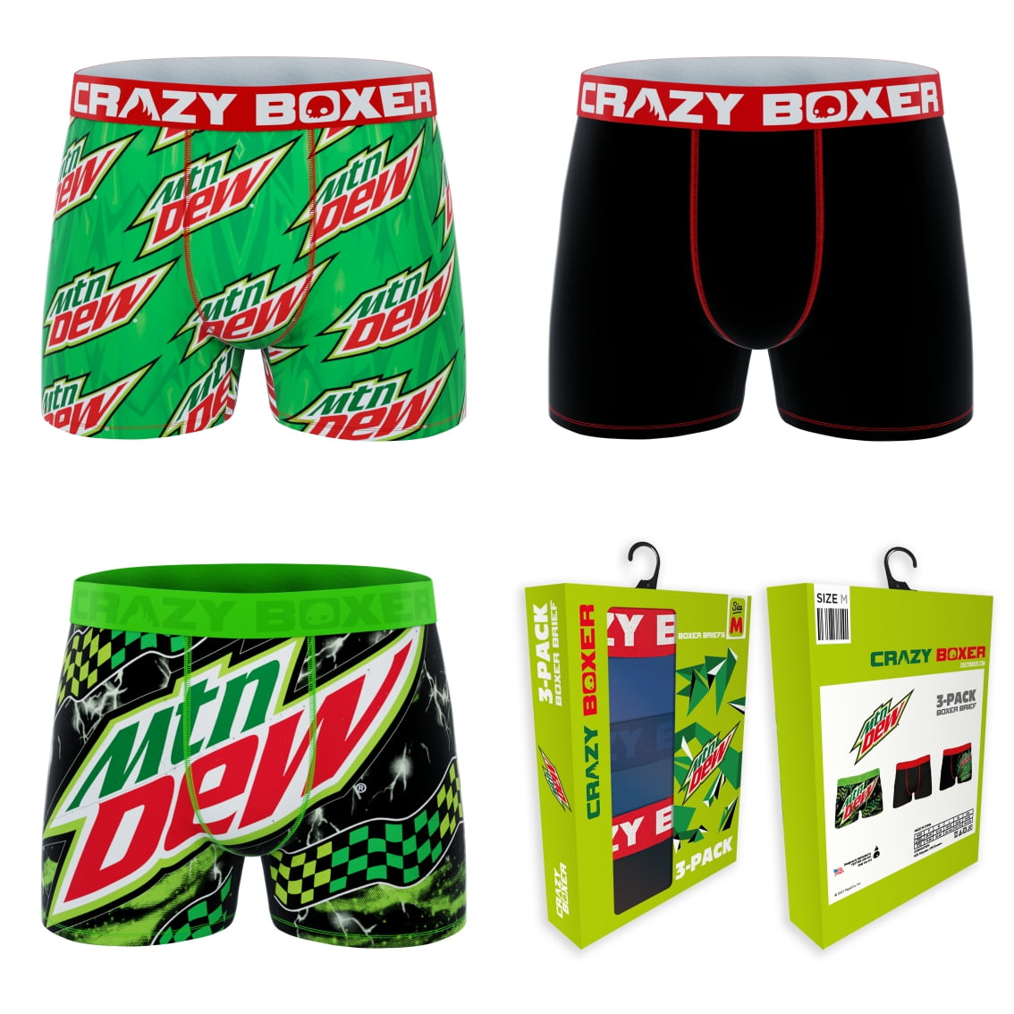 CRAZYBOXER Mountain Dew Logo And All Over; Men's Boxer Briefs, 3 Pack