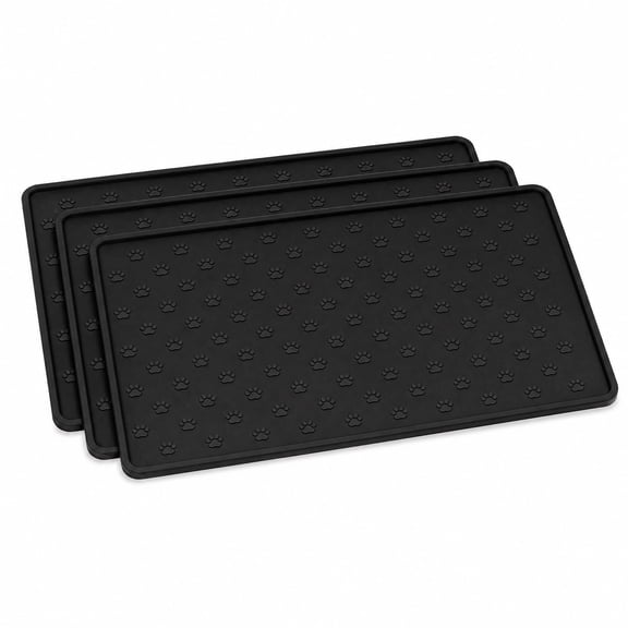 CRAZYMALL Set of 3 Heavy Duty Silicone Pet Feeding Mats, 19x12 in Waterproof Dog & Cat Food Mat with 0.4" Raised Edge, Non-Slip Paw Texture, Dishwasher Safe,Black