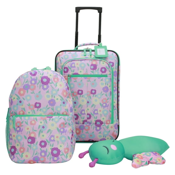 CRCKT 4-Piece Softside Kids Luggage Set, Includes 18" Carry-on Luggage, 12" Backpack, Plush Critter That Turns Into a Neck Roll Pillow, and a Matching Luggage Tag, Floral, (Walmart.Com Exclusive)
