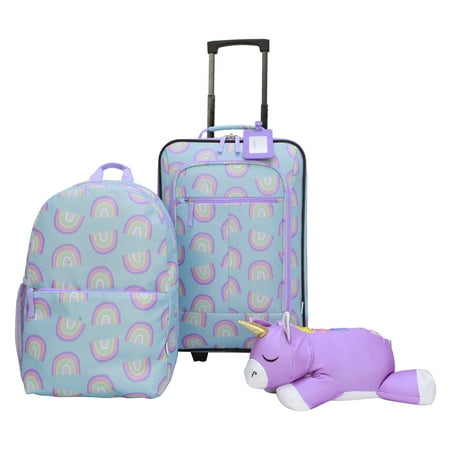 CRCKT 4-Piece Softside Kids Luggage Set, Includes 18" Carry-on Luggage, 12" Backpack, Plush Critter That Turns Into a Neck Roll Pillow, and a Matching Luggage Tag, Rainbow, Walmart.Com Exclusive)